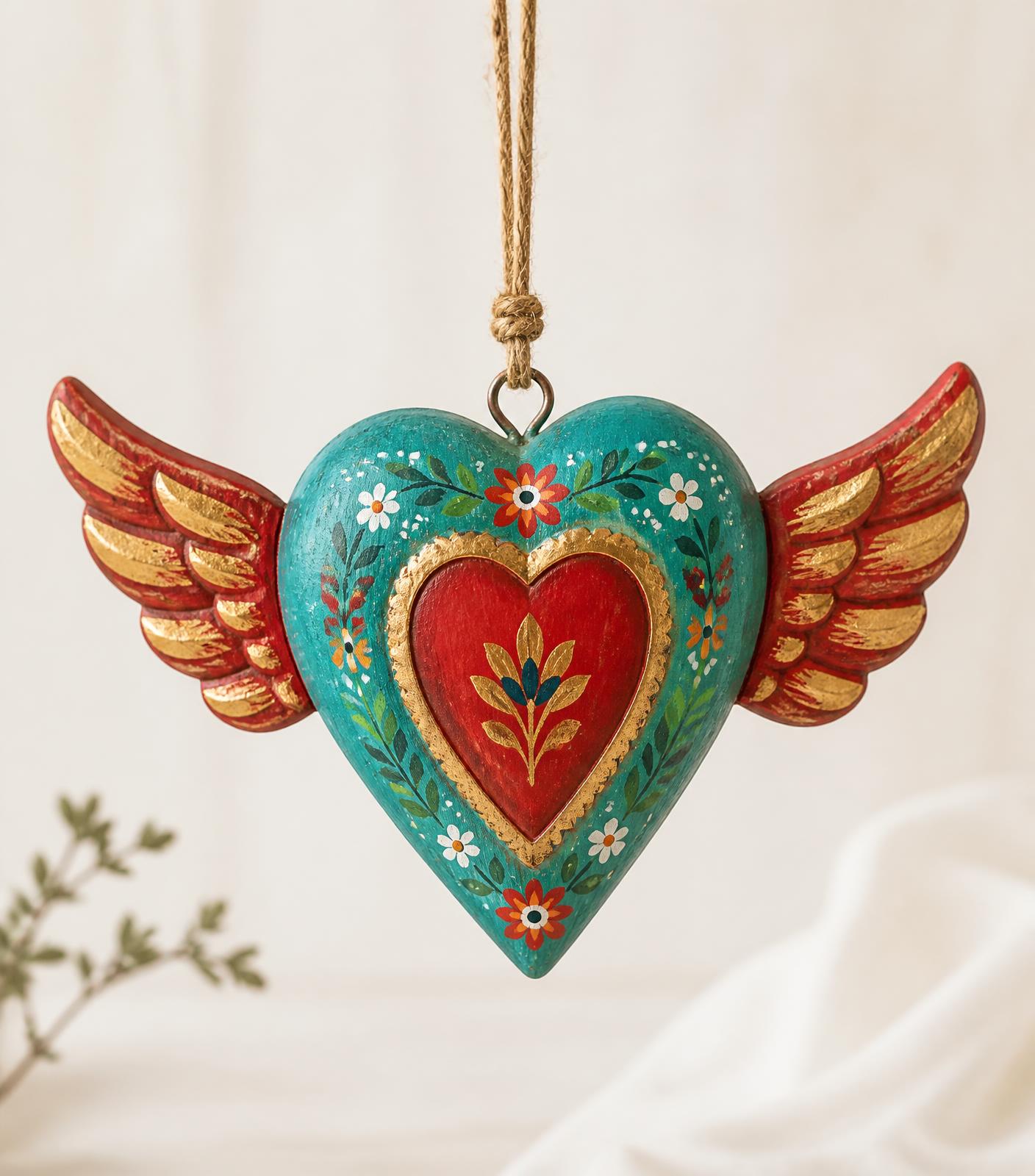 Corazón de yeso pintado a mano con flores rojas y detalles dorados